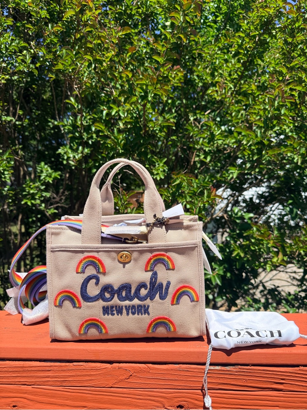 Coach Pink Canvas Tote with Rainbow Embroidery